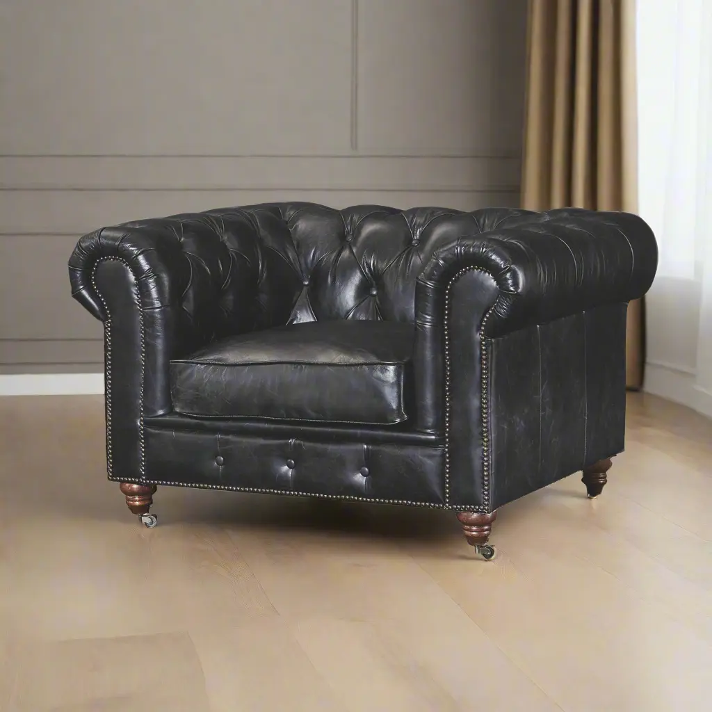 Century Chesterfield Button Tufted Arm Chair - 100% Italian Quilted Leather, Deep Buttoned, Rolled Arms, Solid Back, Cushioned, Turned Legs, Front Caster Wheels, Indoor Living Room Furniture