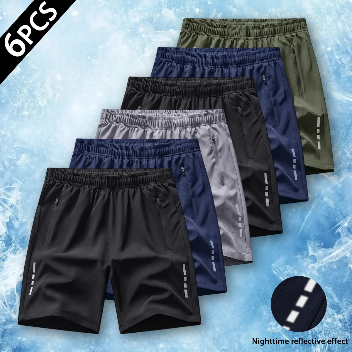Men’s 6-Pack Quick-Dry Reflective Athletic Gym Shorts - Elastic Drawstring, Zipper Pocket, High-Visibility Night-Safe Elastic Polyester Summer Casual Bottoms, Elastic Polyester Shorts