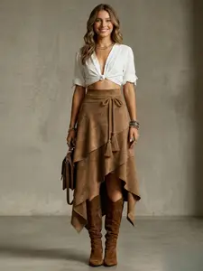 Women's Vintage Western Style Irregular Rope Tie Fringe Velvet Skirt, Boho Fashion Skirt, Casual Fashion Dress for Women, Perfect for Daily Wear & Special Occasions