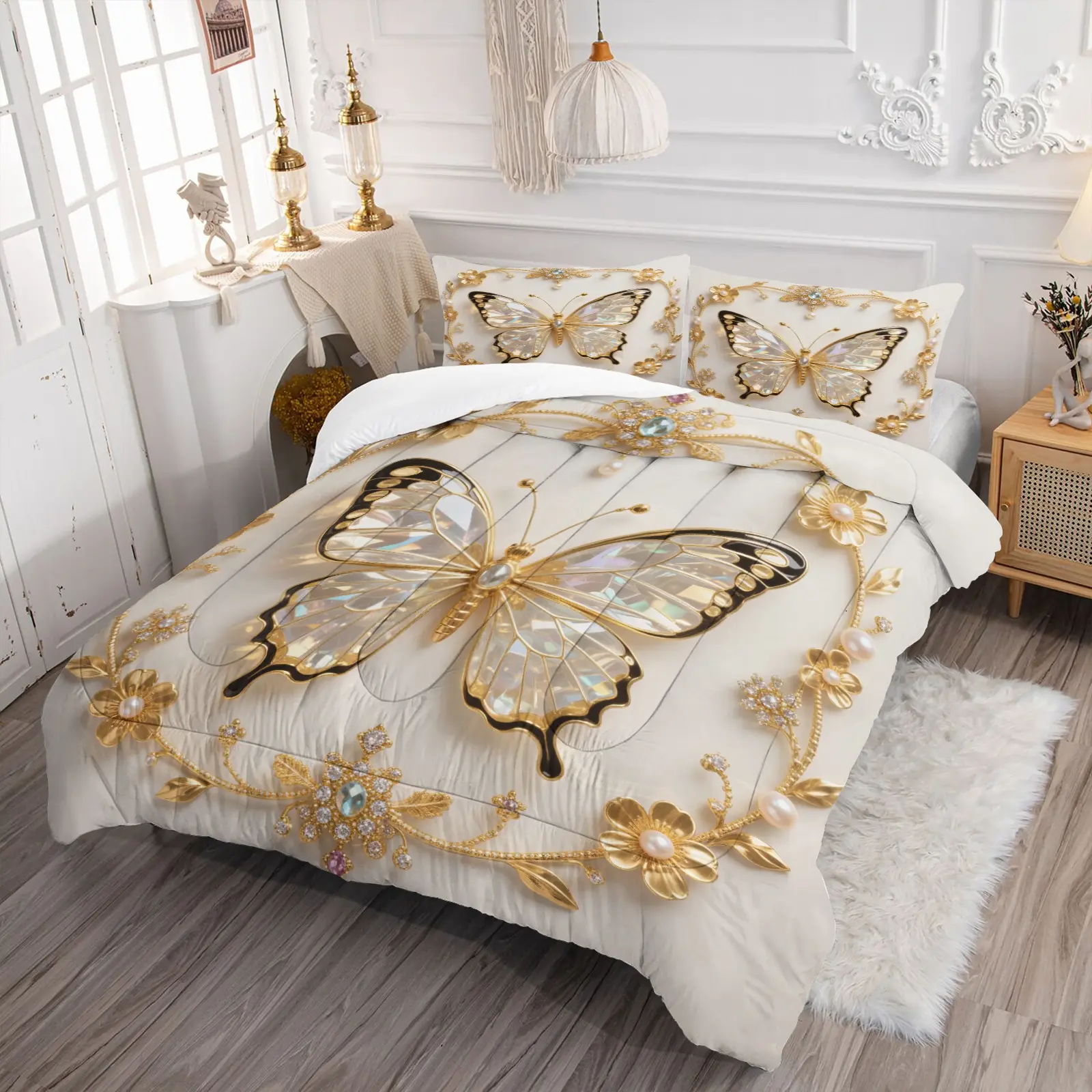 Butterfly-Patterned Bedding Set — 2/3-Piece Jewel-Print Comforter Set Bed Covers. Full-Size Design Fits Most Bed Types; Offers Luxurious, Aesthetic Bedroom Decor That Is Soft and Breathable. Includes 1 Quilt and 1 Or 2 Pillowcases.