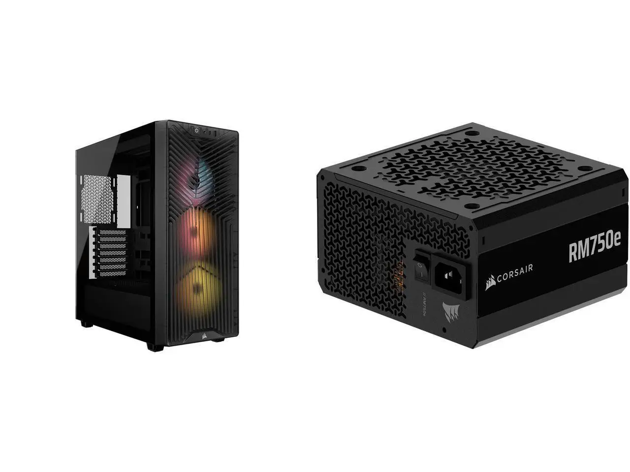 CORSAIR 3200D RS ARGB mid-tower chassis with 3x RS120 ARGB fans, DIY features, powerful cooling. Includes CORSAIR RM750e (2025) Fully Modular Low-Noise ATX Power Supply, ATX 3.1 & PCIe 5.1 Compliant, Cybenetics Gold Efficiency, Black