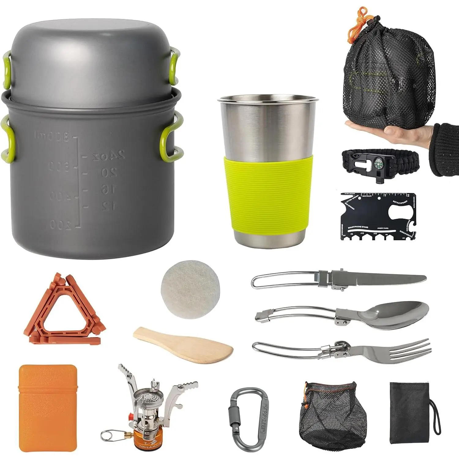Camping Cookware Mess Kit, 16 pcs Backpacking Cooking Set, Lightweight Camping Pots and Stove Set for 1-2 Person, Outdoor Cooking Gear Ideal for Camping, Hiking, Backpacking and Picnic