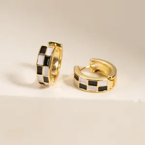 [Y2K Trend] Black and White Checkerboard Hoop Earrings for Women | 18K Gold Plated Enamel Checkered Huggie Earrings | Hypoallergenic & Tarnish-Free Jewelry | Minimalist Retro Earring Gift for Her | 2026 TikTok Viral Essentials men Surgical Steel Stud Set