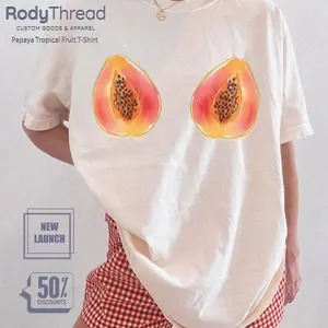 [Flash Deal] RodyThread Papaya Tropical Fruit Aesthetic T-Shirt – Whimsical Watercolor Fruit Print Top, Trendy Fruit-Core Kitsch Outfit, Oversized Boho Summer Vacation Coverup, Summer Essentials Clothes