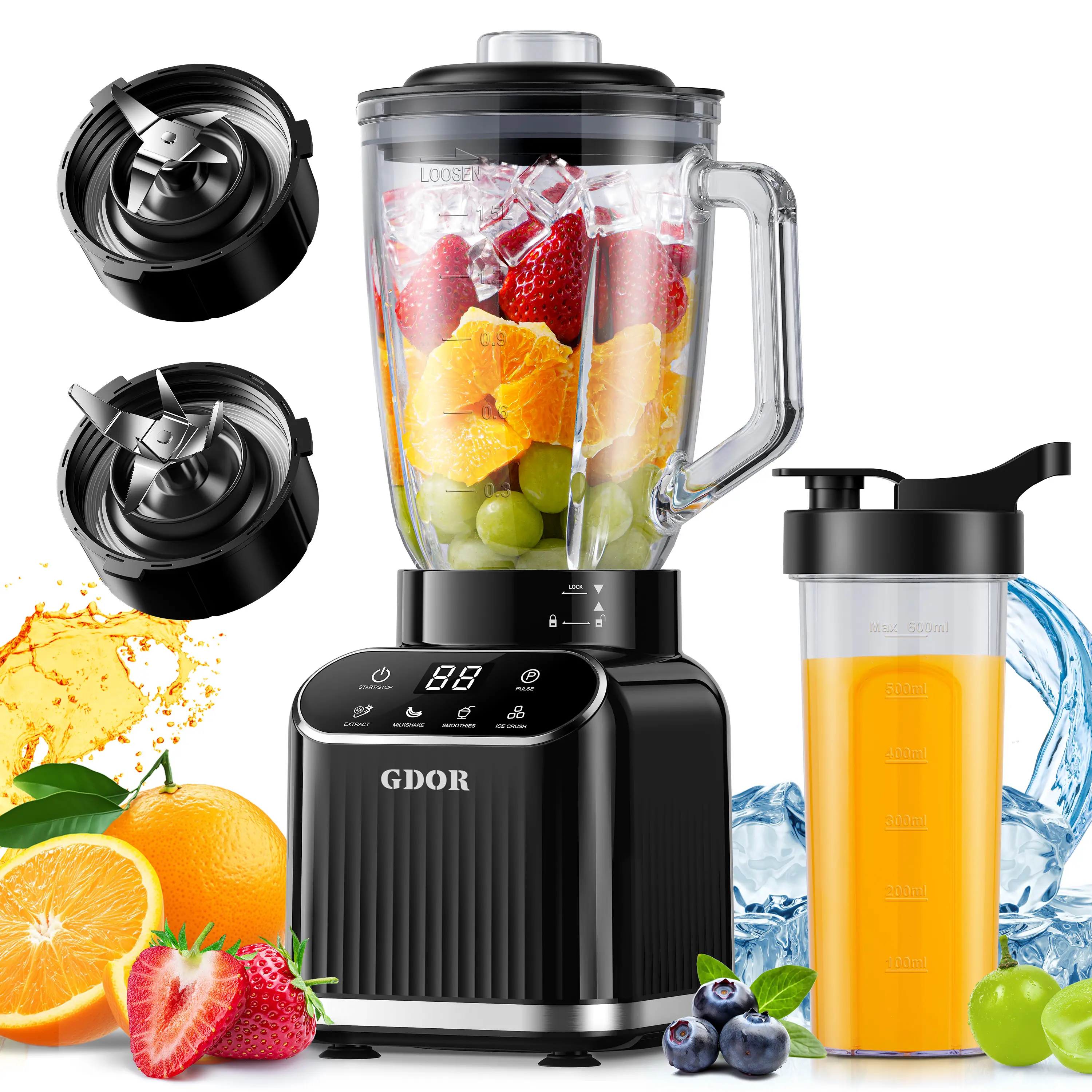 GDOR Juice Blender Cup Combo | Professional 1200W Blender | 4 & 6 Blade Optional | 5 Functions & Self-Cleaning | 52oz Glass Jar & 24oz Travel Cup | Portable Cold Press Juicer for Smoothies