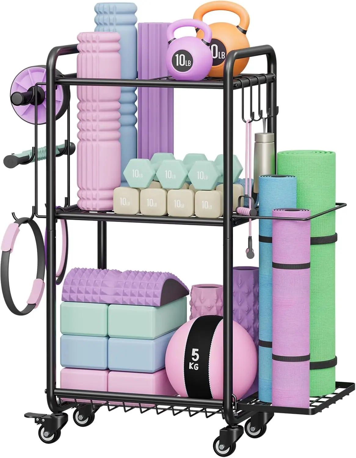 Weight Rack for Home Gym, All in One Yoga Mat Storage Rack, Workout Equipment Storage with Wheels and Hooks for Dumbbells Kettlebells  Rollers,  Coated