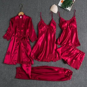 Women's 5-Piece Silk Lace Satin Loungewear Set - Long Sleeve Robe, V-Neck Cami Nighties, Plus Size Home Sleepwear, Spring Gift