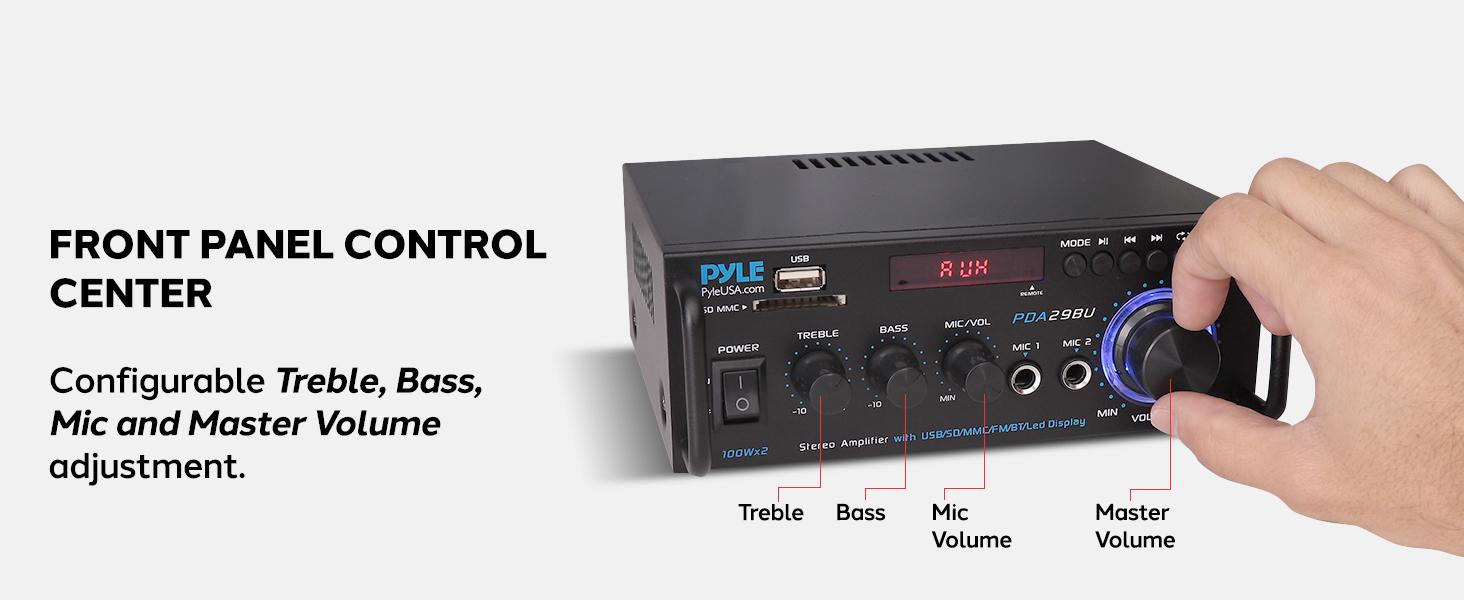 Stereo Power Amplifier - Compact Mini Bluetooth Receiver with USB/SD/FM Playback, RCA Audio Input, Push-Type Speaker Terminals, Front Panel Rotary Controls, LED Display, Treble/Bass/Volume Adjustment - Remote Control Included