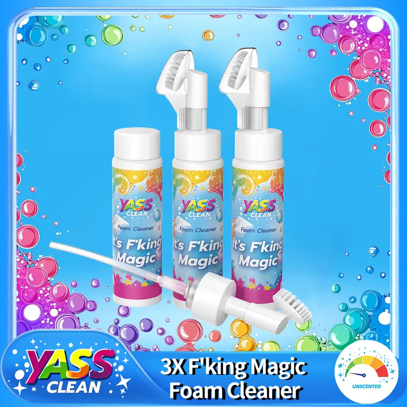Yass Clean F'king Magic Foam Cleaner 3PACK 200ML Removes Stains With Carpet Cleaner Brush，Effectively Removes Stains And Odours Caused By Pets From Carpets And Upholstery
