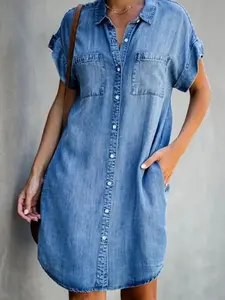 Casual Loose Fit Denim Shirt Dress with Pockets