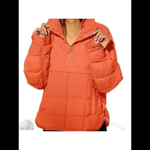 2025 Hooded Puffer Jacket Quilted Lightweight Winter Warm Pullover Padded Hoodies Coat Pocket Womenswear Tops Outerwear Comfort Casual Long Sleeve Fitted Basic Collar Minimalist Orange