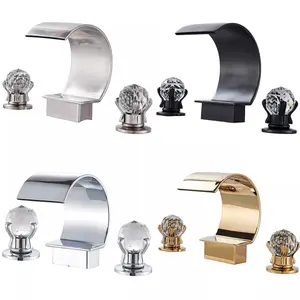 Bathroom Sink Faucet 3 Hole 2 Handle Crystal Knobs High Arc Waterfall Spout Vanity Basin Mixer Tap 8-inch Widespread Bathtub Filler Faucet