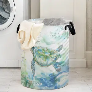 Foldable Laundry Basket with Turtle Print Handle, Durable Material Hamper, Large Capacity Storage Bin for Clothes & Toys
