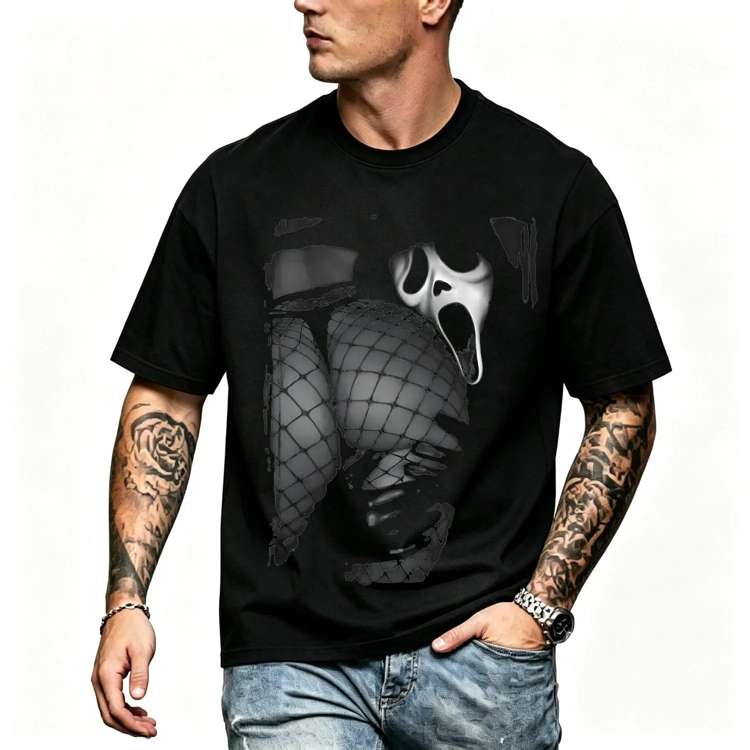 Men's Short-Sleeve Graphic T-Shirts, High Breathable Relaxed Fit Horror Print Top, All Seasons Sports & Outdoor Menswear for Halloween Spooky Season