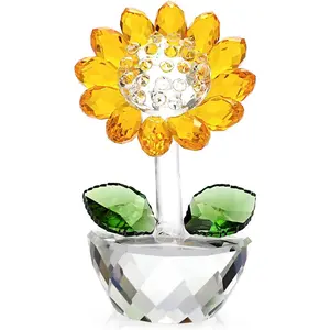 Crystal Sunflower with Bud Glass Sunflower Figurine Collectible, Small Sunflower Ornament Paperweight Table Decoration with Gift Box, Glass Bouquet Flowers Centerpieces for Home Decors