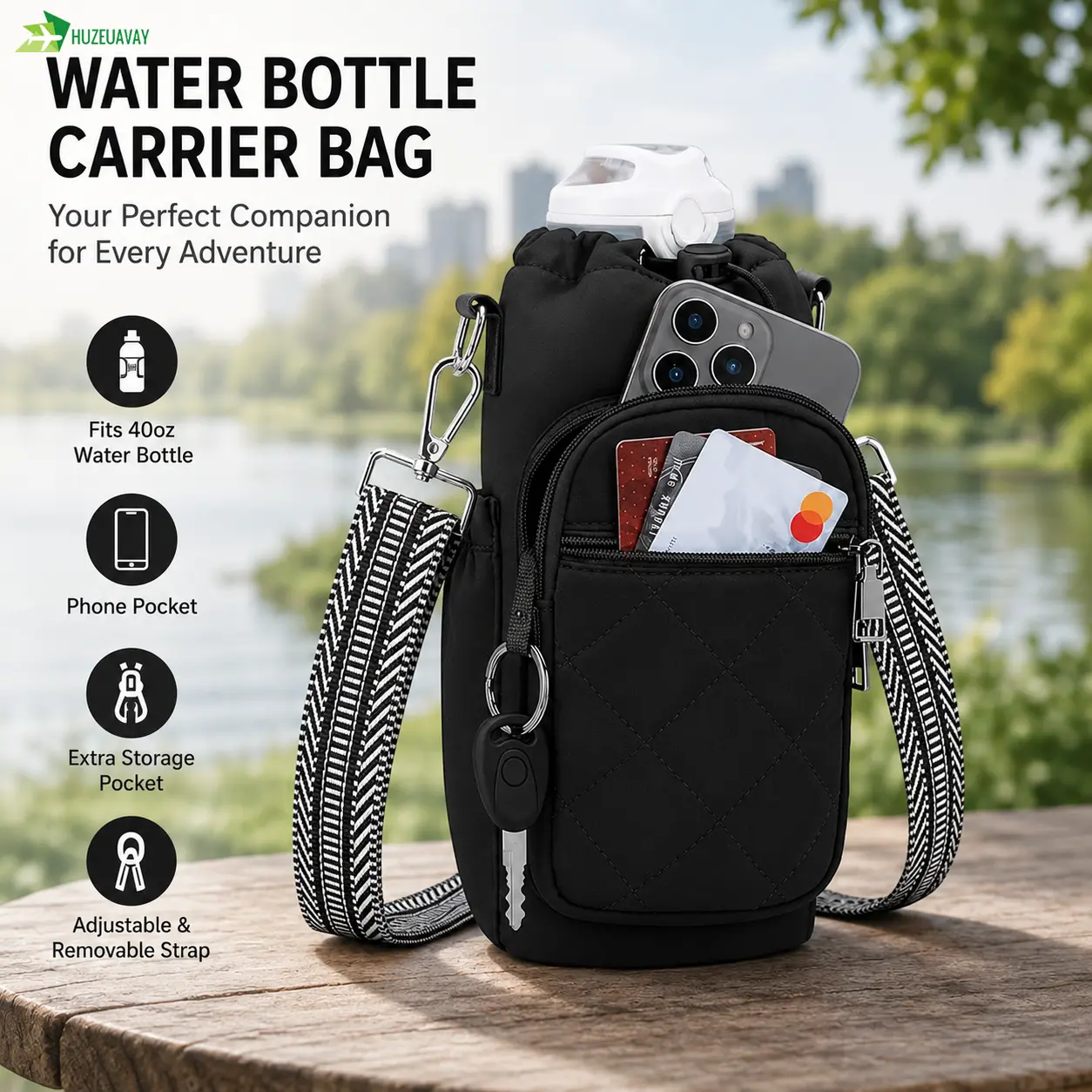 Waterproof Fabric Water Bottle Holder Bag with Adjustable Strap, Elastic Phone Pocket & Tumbler Organizer for Walking, Hiking (Fits 40oz Bottles)