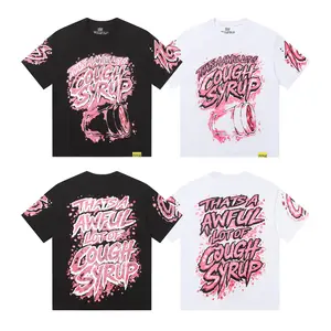 Cough Syrup Men’s Black Oversized Graphic T-Shirt – Pink Spray Paint Logo Front & Back Print, Soda Cup Graphic, Sleeve Logo Detail, Short Sleeve Crewneck Tee, Y2K Hip Hop Streetwear, Urban Grunge Summer Festival Top, TikTok Outfit