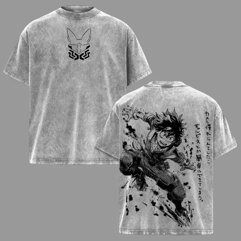Men's Oversized Printed My Hero Academia Deku Anime T-Shirt - Vintage Washed Premium Cotton, Round Neck, Short-Sleeve, Streetwear, Graphic Art, Relaxed Fit