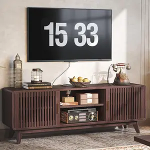 IRONCK 63'' TV Stand for TVs Up to 70", TV Console with 2 Sliding Doors in Grille Design and Charging Station, Mid Century Modern Entertainment Center with Storage for Living Room Tv Cabinet Table Tv Shelf, Wooden Tv Stand