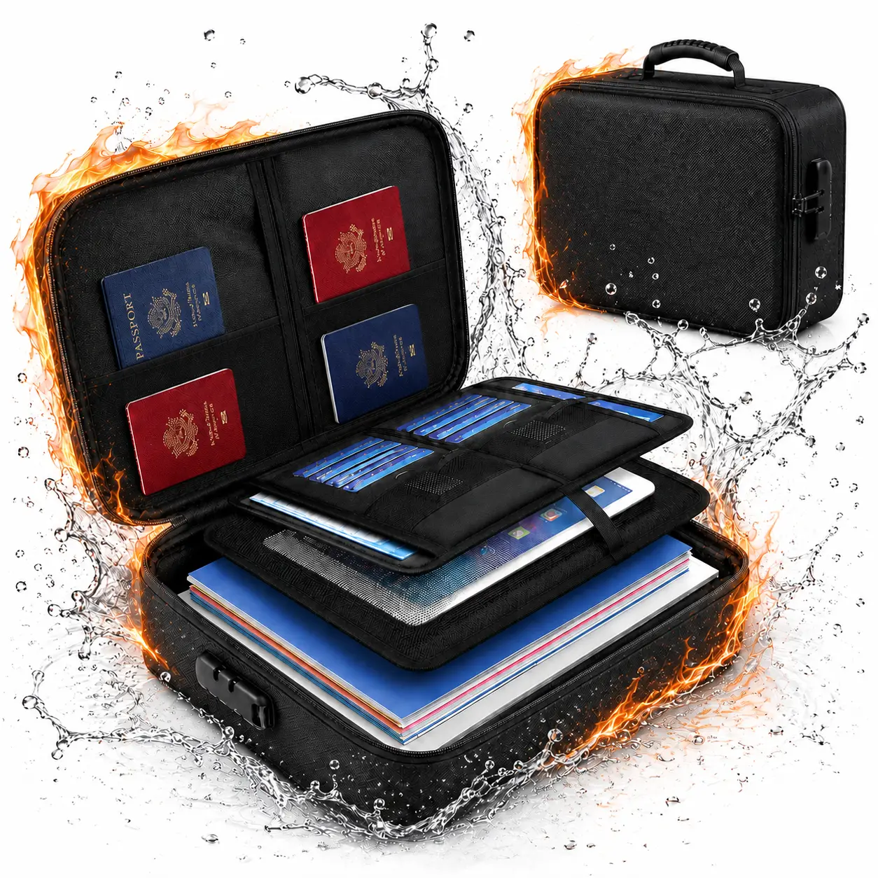 5200°F Fireproof Document Bag with Lock, Silicone-Coated 3-Layer Water-Resistant File Organizer, Soft-Sided Portable Storage Case with Anti-Theft Lock System and Handle for Home, Office & Travel