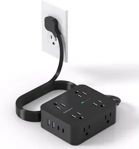 HANYCONY Wall Mount Surge Protector Power Strip - Fireproof Shell, 5Ft Ultrathin Flat Plug Extension Cord, 8 Wide Outlets, 4 USB Charging Ports (2 USB-C), 1080J Overload Safe Protection, for College Dorm Rooms, Black
