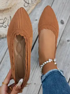 Knit Pointed Toe Flat Shoes for Women, Casual Breathable Slip-on Loafers, Lightweight Slip Ons