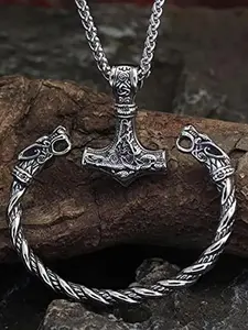 Vintage Viking Wolf Head Design Bangle & Hammer Pendant Necklace Set, New Trendy Matching Jewelry Set for Gift, Men Jewelry, Hip Hop Punk Classic Fashion Accessories