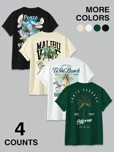 Coconut Tree Print Multicolor Short Sleeve T-Shirt, American Vintage California Beach Style Casual Top, Loose-Fitting H-Type Tee