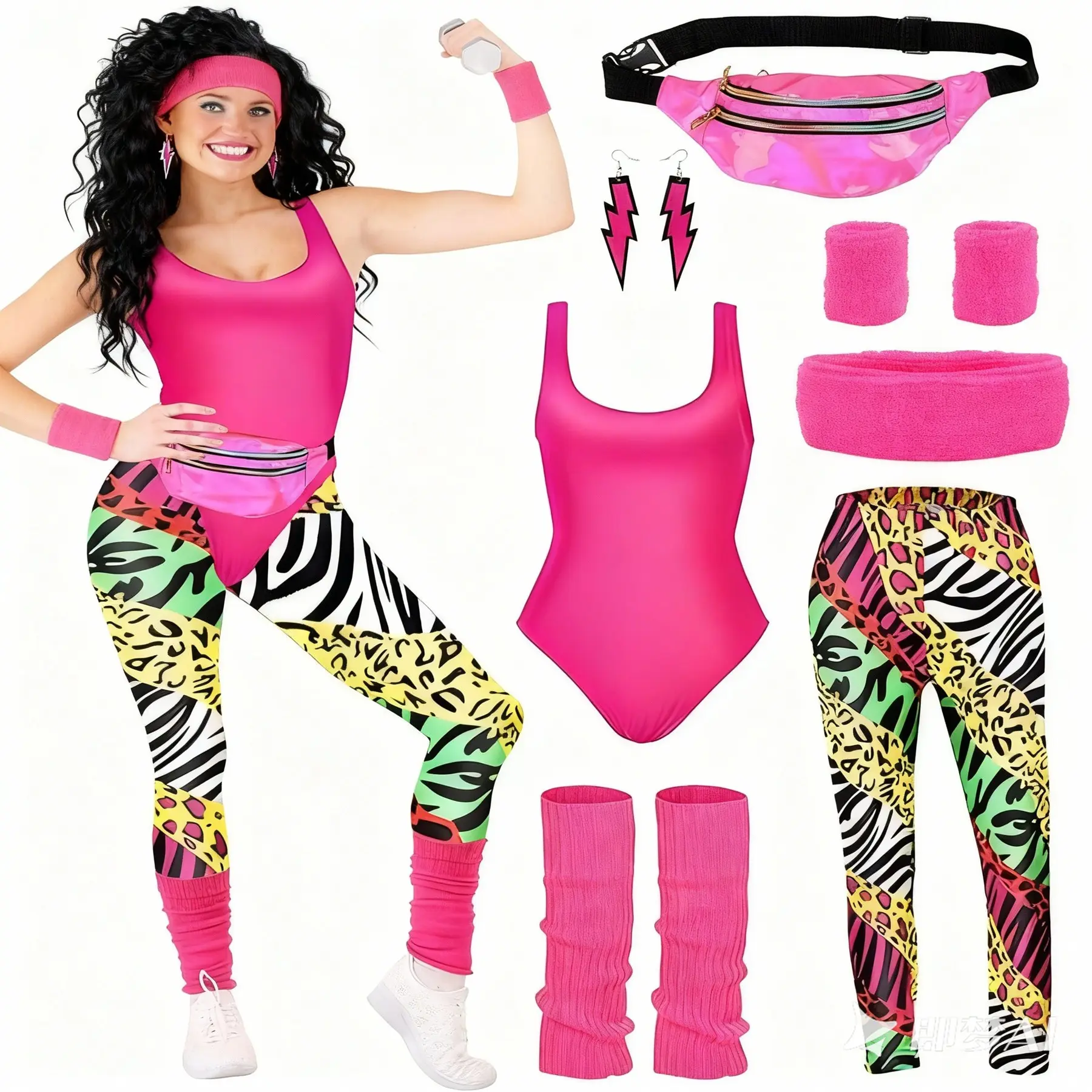 80s Women's Retro Sports Set, Perfect for Parties and Festivals, Includes Bodysuit, Leggings, Headband, Wrist Guards, Leg Warmers, Earrings, Waist Bag, Sports Clothing Set, Dance Set, Dance Clothes
