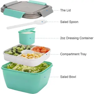 Salad Container with 3 Compartments 52oz | To-Go Dressing Cup | For Men Women Lunches,Green
