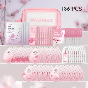 Sakura Skin Care Travel Kit with Organizer Bag, Ultimate Glow Kit, Skin Care Sets, 136pcs/set Facial Cleanser & Toner & Serum & Cream & Masks, Skin Care Kit for Women & Men, Moisturizing