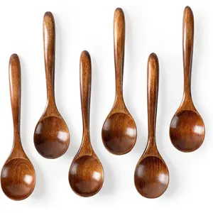 6 PCS 6.7 inch Small Wooden Spoons, Terrific for Honey Tea Coffee Soup, Little Wood Serving Table Spoon Set Bulk Bamboo Teaspoon for Eating with Unique Design