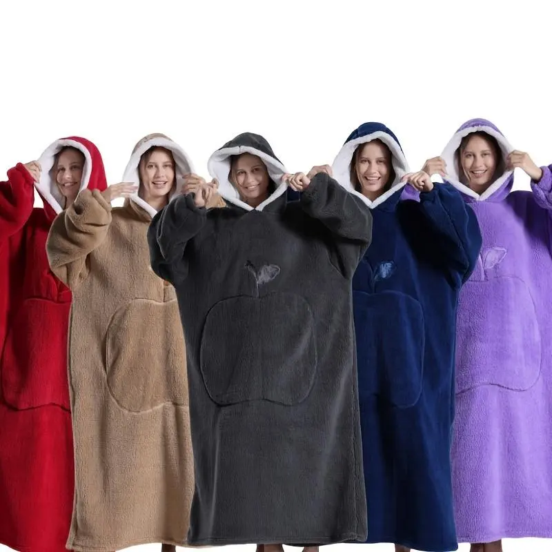 Warm Velvet Hooded Casual Robe - Extra Large Warm Winter Blanket with Large Pockets, French Style Comfortable Wearable Blanket, Suitable for Indoor and Outdoor Use