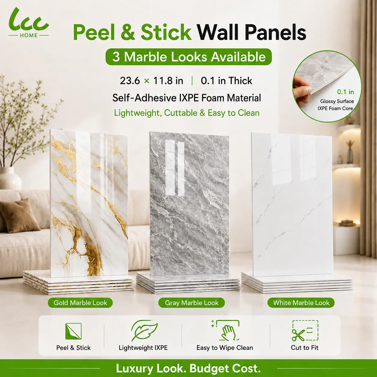 LCC Peel and Stick Marble Wall Panels, Waterproof DIY Foam Wall Decor, Self Adhesive Faux Marble Panels for Kitchen Backsplash, Bathroom & Home Renovation