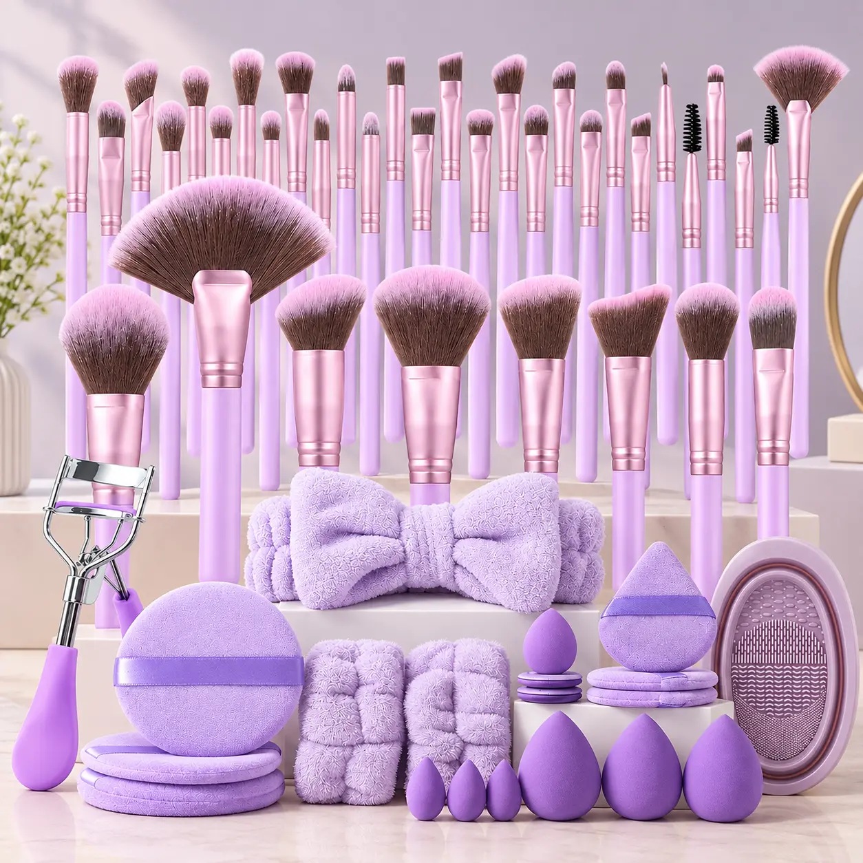 EGFSK Purple 56-Piece Makeup Brushes Set - Face Tools, Eye Shadow Tools, Beauty Sponges, Powder Puffs, Cosmetic Accessories for Everyday Makeup, Blending