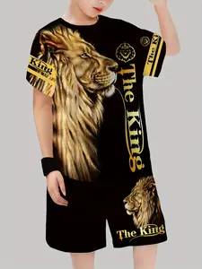 Boys' Lion Print Set, Outfit, Suits, Crown Element, Casual Fitted, All Seasons Wear, Outdoor Fashion, Shorts