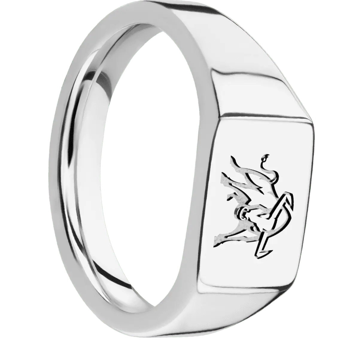 Small Horizontal Rectangle signet ring (12x9mm) in Platinum, with a Wide style band and an Utah State Bull engraving.