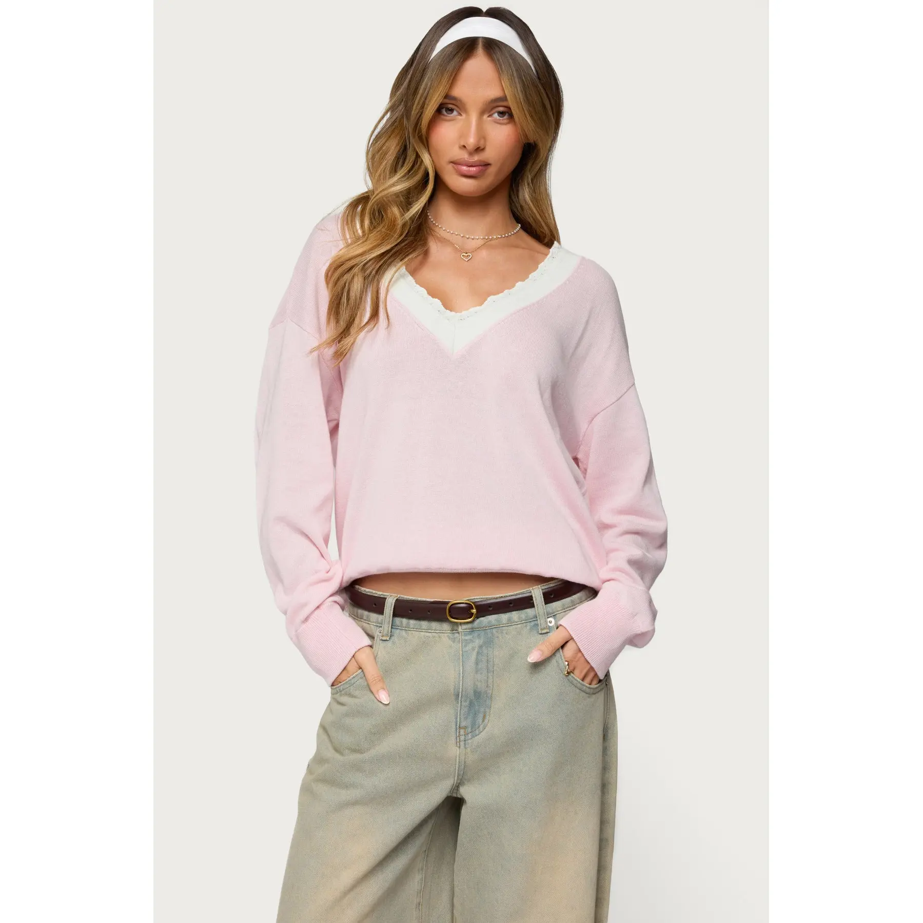 Marie Contrast Lacey V Neck Sweater