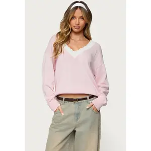 Marie Contrast Lacey V Neck Sweater