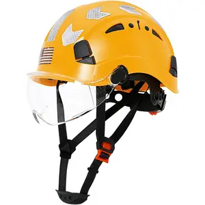 Safety Helmet Construction Hard Hat, Full Brim Head Cover with Chin Strap, Adjustable 6-Point Suspension, Vented ABS Shell, Reflective for Outdoor Work Site Climbing
