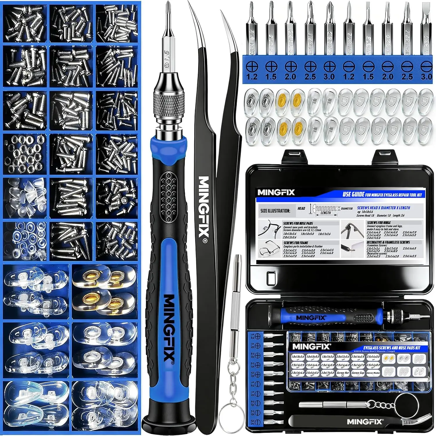 Eyeglass Sunglass Repair Kit,MINGFIX Magnetic Eye Glasses Repairing Tool Kit with Assorted Screws,Nose Pads,Small Screwdriver Bit Set & Tweezer with Mini Travel Case for Glasses,Sunglasses and Others
