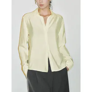URBAN REVIVO 2026 Spring Women's Casual Button-Collared Long-Sleeve Blouse - Satin Viscose Fabric Basic Cut Top, Cream Clothes, UWG250042
