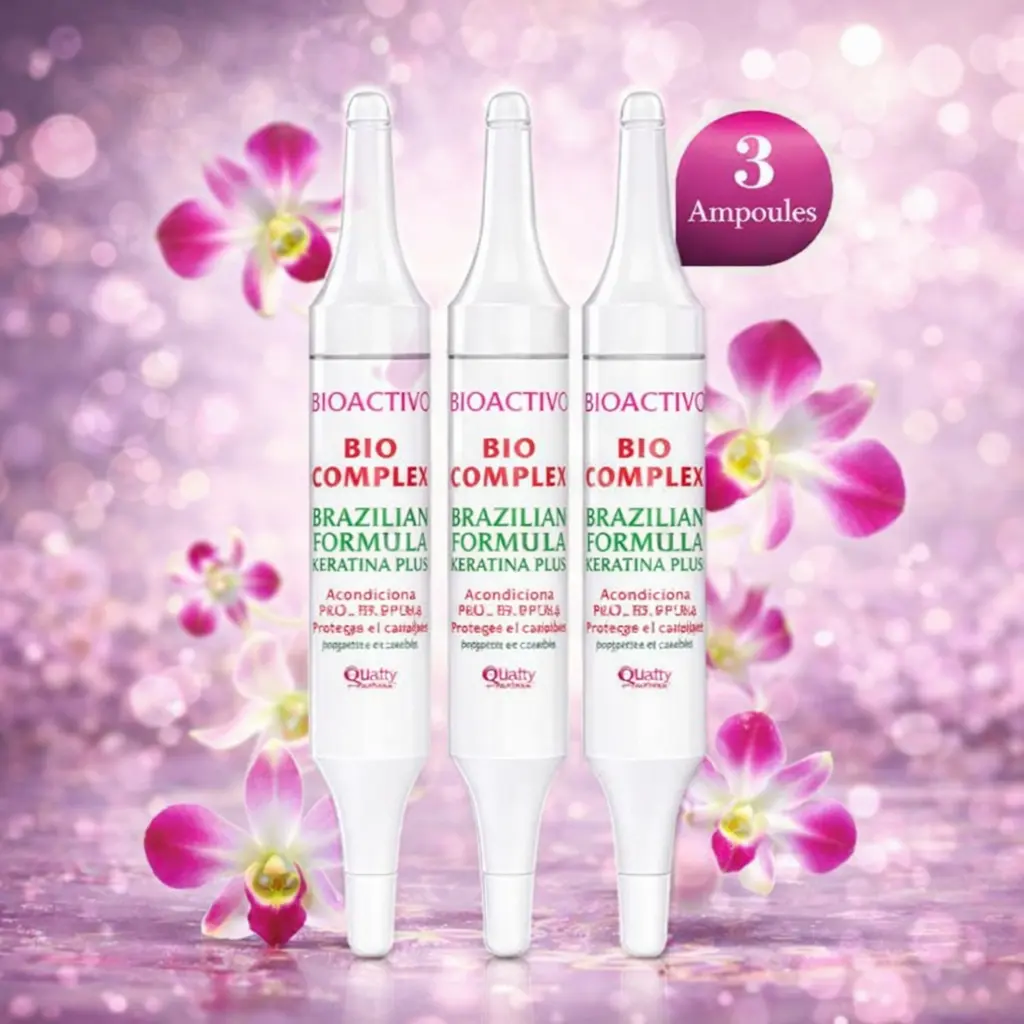 Bio Complex Bioactivo Brazilian Keratin Hair Ampoules, Flawless Smoothing Liquid Treatment for Frizz Control & Silky Shine, 3-Pack, 18mL, Moisture, Wavy, Shiny Hair, Female, Haircare, Hydrating