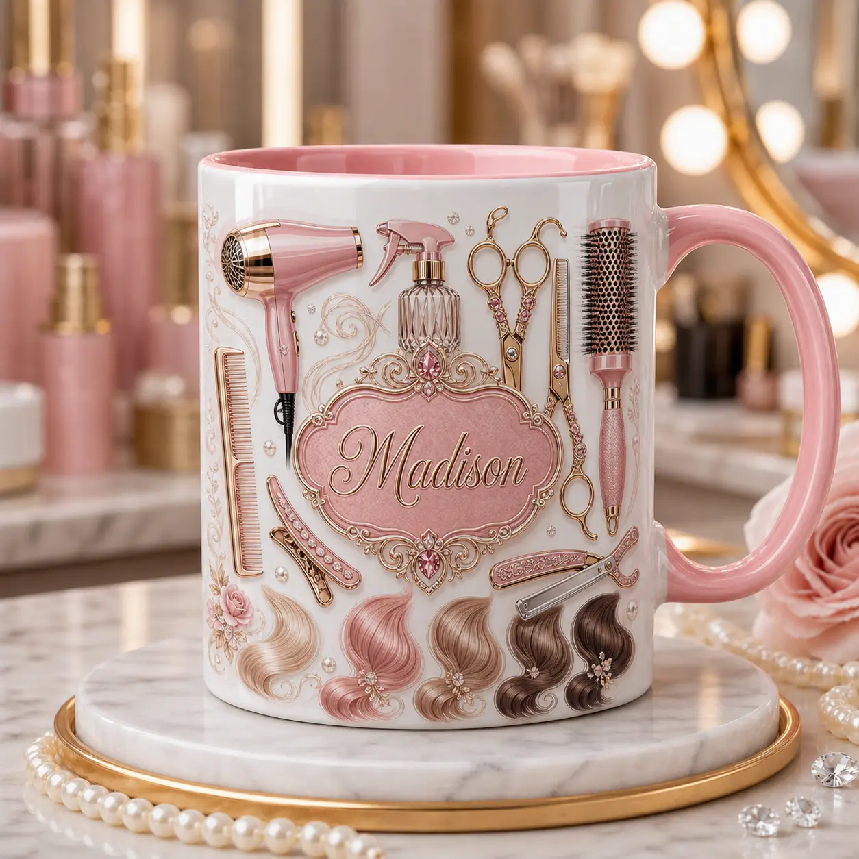 Custom Pink Hair Stylist Name Mug, 2D Printed 3D Effect Ceramic Coffee Cup, Glam Salon Scissors Dryer Brush Design, Personalized Gift for Hairdressers, Barbers, Beauty Lovers, Birthday Christmas Gift