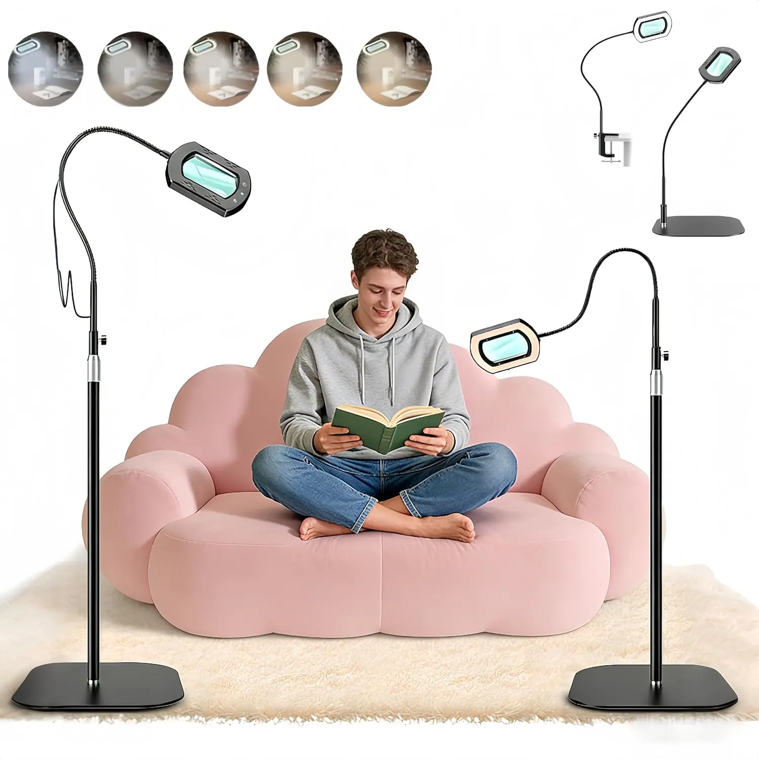 10X Square Magnifying Glass with Light - 3-in-1 Flexible Adjustable Arm, Clamp Mount/Floor Mount/Freestanding, 5 Color Modes, Hands-Free for Elderly Reading & Close Work (Office Desk Lamp Accessory), 360° Rotation, Rotatable