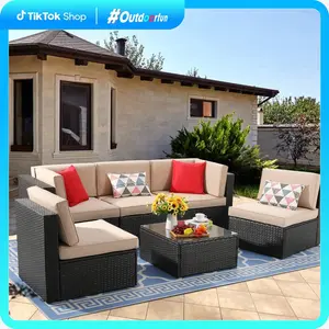 Walsunny 6 Piece Patio Furniture Sets, All Weather PE Wicker Rattan Outdoor Sectional Sofa Conversation Couch with Glass Table, Cushions and Pillows Outdoorfun