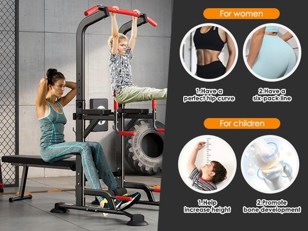Soges Multi-function Pull Up Bar and Dip Station, Freestanding Power Tower with Folding Dumbbell Bench, Height Adjustable Pull Up Station for Home Gym, 330 LBS Weight Capacity, Full Body Strength Training Machine, Indoor Fitness Exercise Workout Equipment