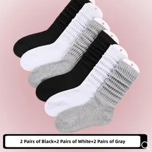 6 Pairs Men Women's Slouch Stacked Socks Casual Solid Mid Calf Socks Chunky Ribbed Cozy  Stretch Scrunch Socks 2 Black 2 White 2 Gray
