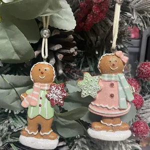 set of 2 Sparkly Gingerbread Boy and Girl Christmas Tree Ornaments for Candy Land Theme Decor