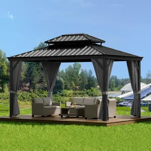 10' x 10' Hardtop Gazebo with Curtains and Netting, Permanent Outdoor Patio Gazebo with Aluminum Frame and Double Metal Roof for Backyard, Lawn, Deck and Garden